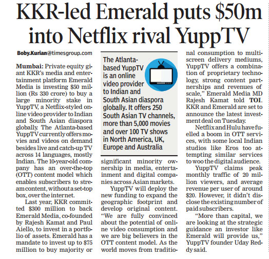 KKR-led Emerald puts $50m into Netflix rival YuppTV